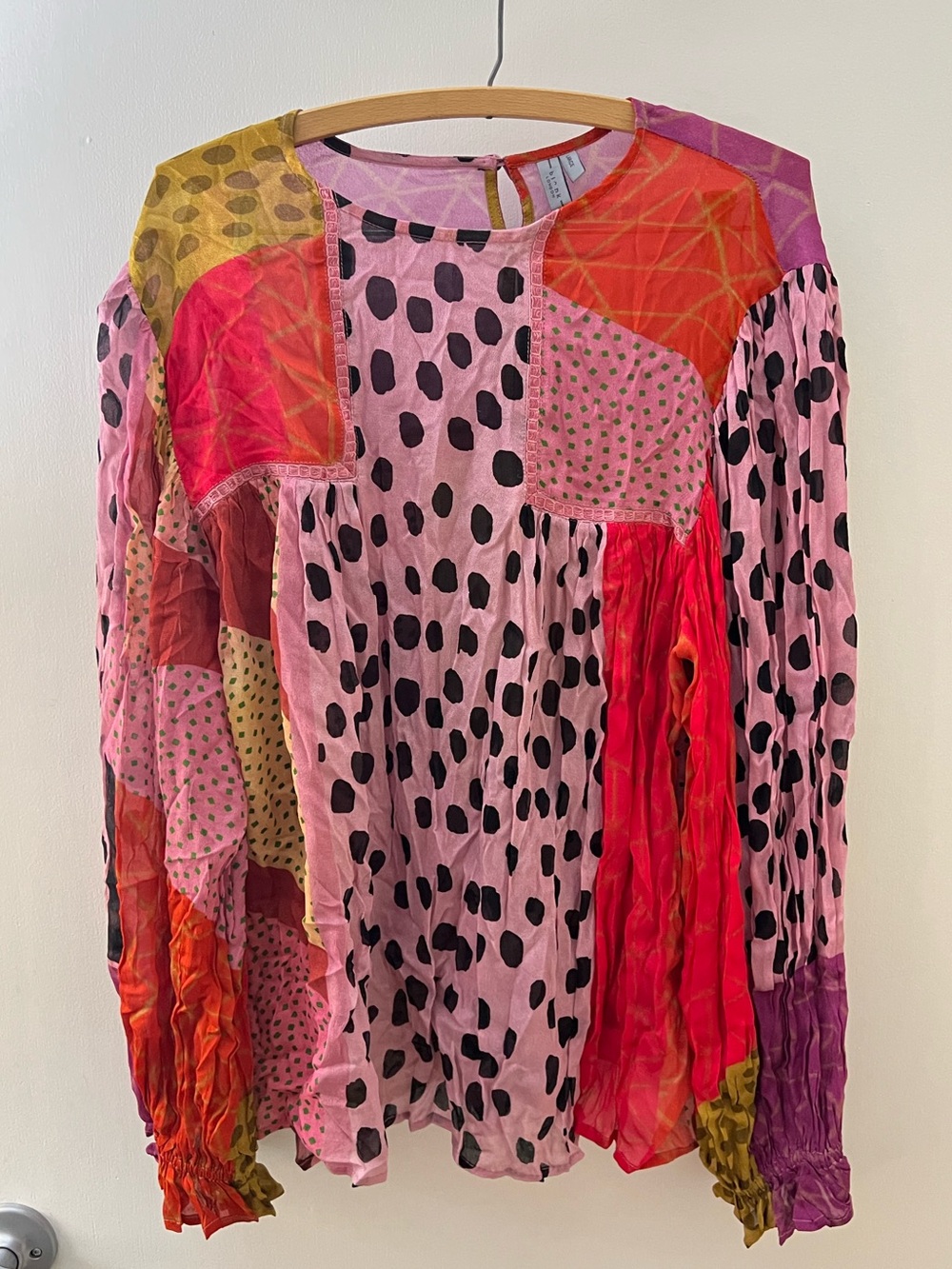 Boho Patchwork Pink Polka Dot Long-Sleeve Blouse